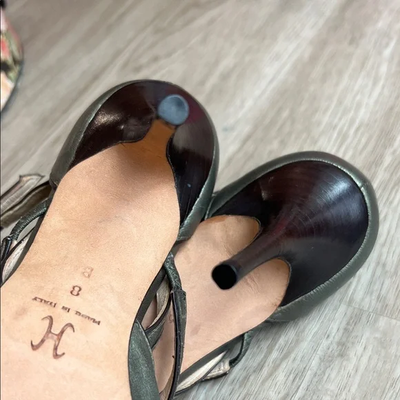 Cole Haan Collection Pointed Toe Strappy Pumps in Metallic Olive Green Leather - Picture 6 of 16